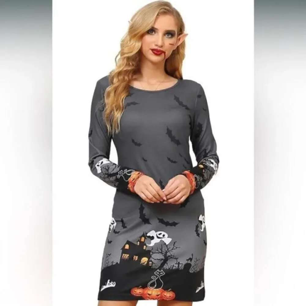 NWT Women’s Gray Long Sleeve Halloween Bats Dress - Size XXL - Runs Small